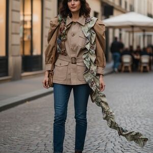 NWT Erika Cavallini Semi-Couture Safari Jacket Tapestry Ruffle Made In Italy